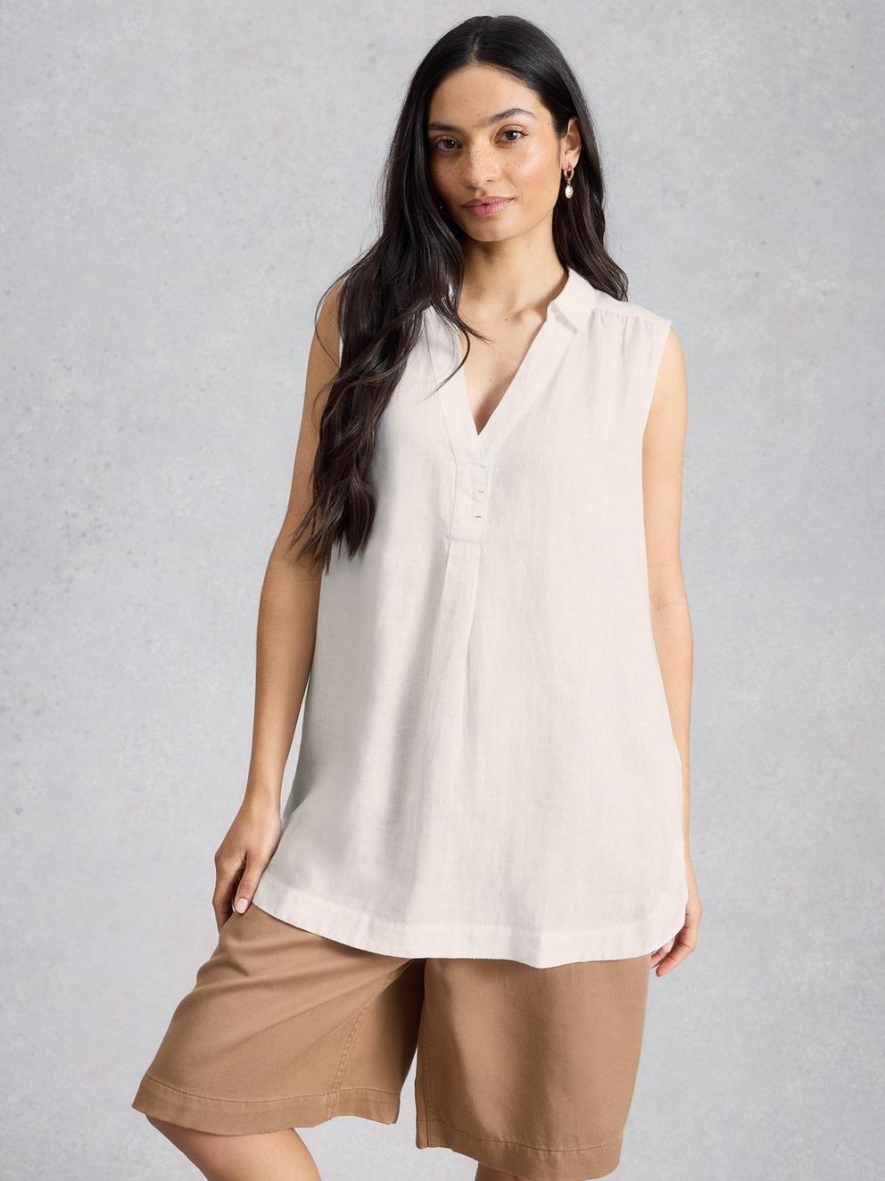 Bianca Sleeveless Linen Tunic in BRIL WHITE - MODEL DETAIL