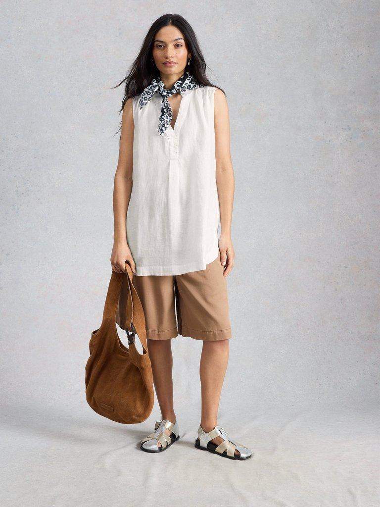 Bianca Sleeveless Linen Tunic in BRIL WHITE - MODEL FRONT