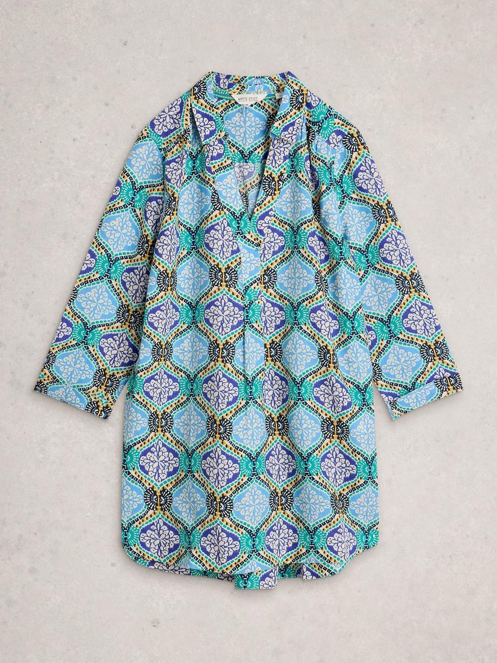 Bianca Linen Printed Tunic in BLUE PR - FLAT FRONT