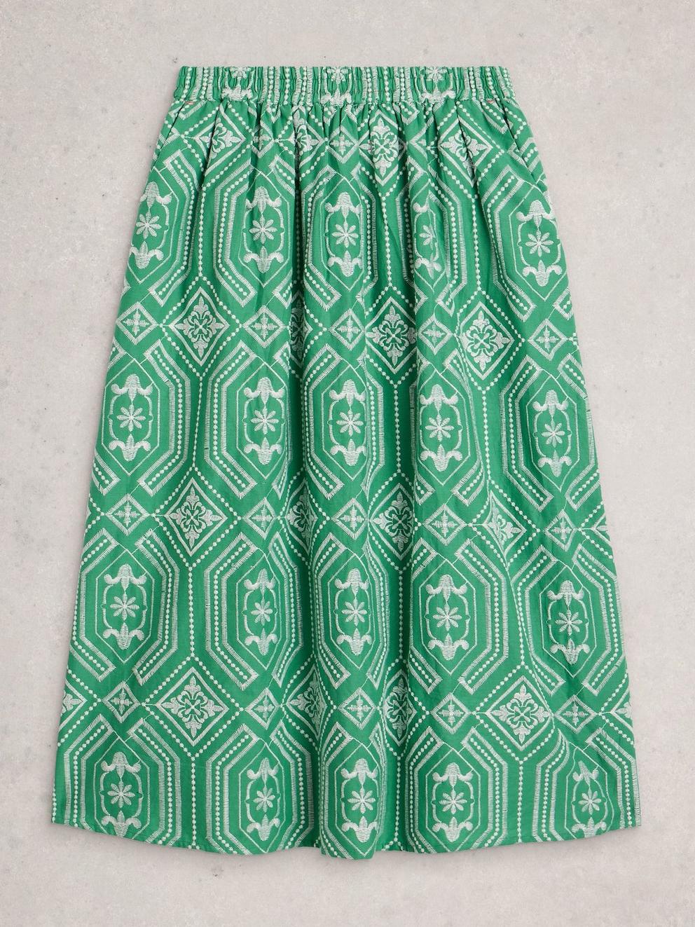 Hallie Embroidered Midi Skirt in GREEN MLT - FLAT FRONT