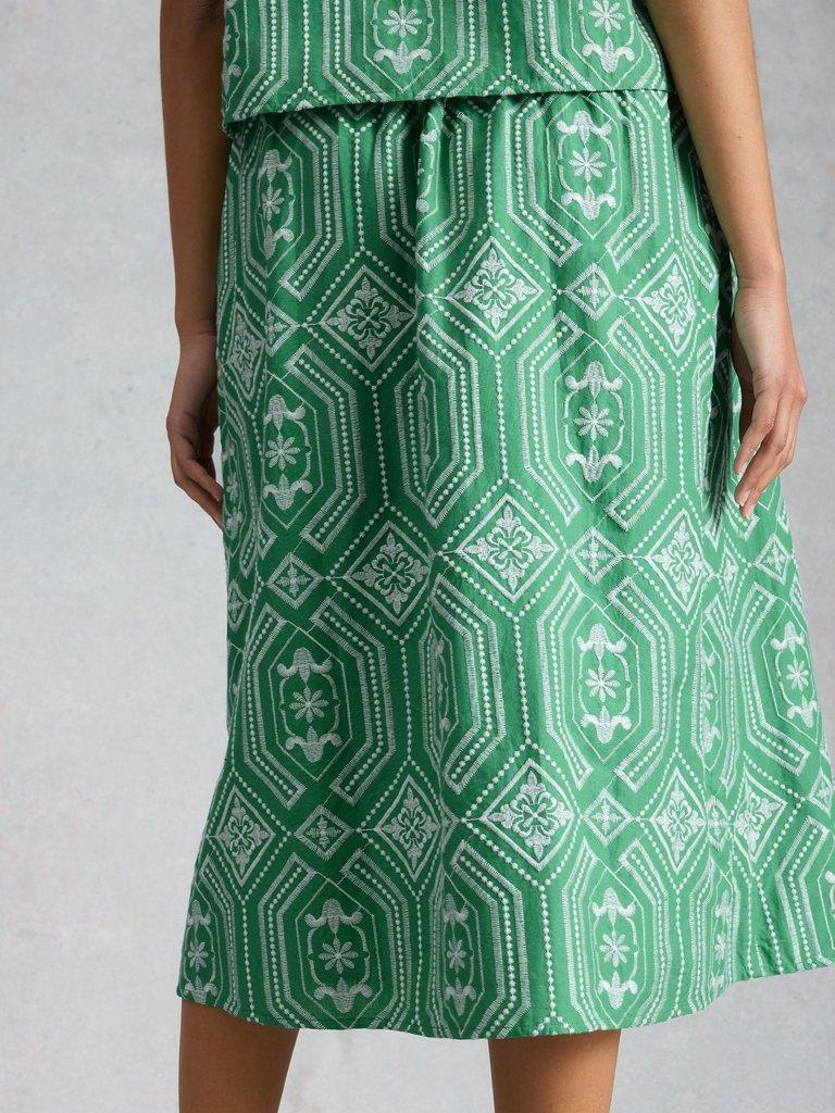 Hallie Embroidered Midi Skirt in GREEN MLT - MODEL BACK