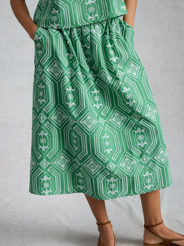 Hallie Embroidered Midi Skirt in GREEN MLT - MODEL DETAIL