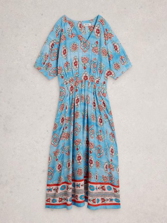knee length dresses for ladies White Stuff June Linen Printed Notch Neck Dress in Natural Multi
