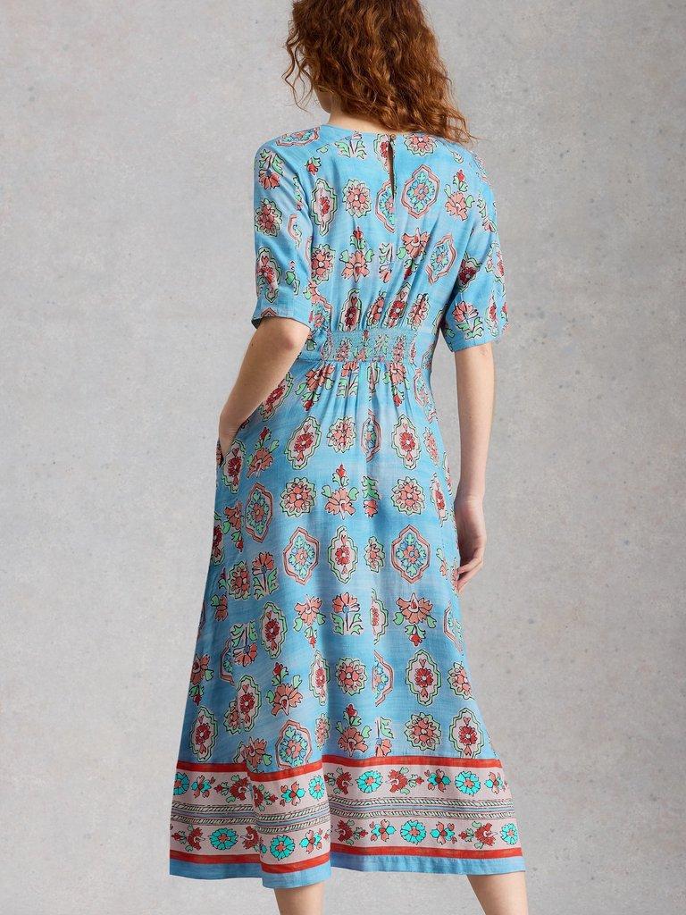 Kate Midi Dress in BLUE MLT - MODEL BACK