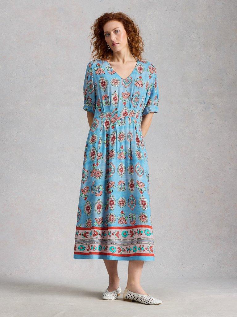 Kate Midi Dress in BLUE MLT - MODEL FRONT