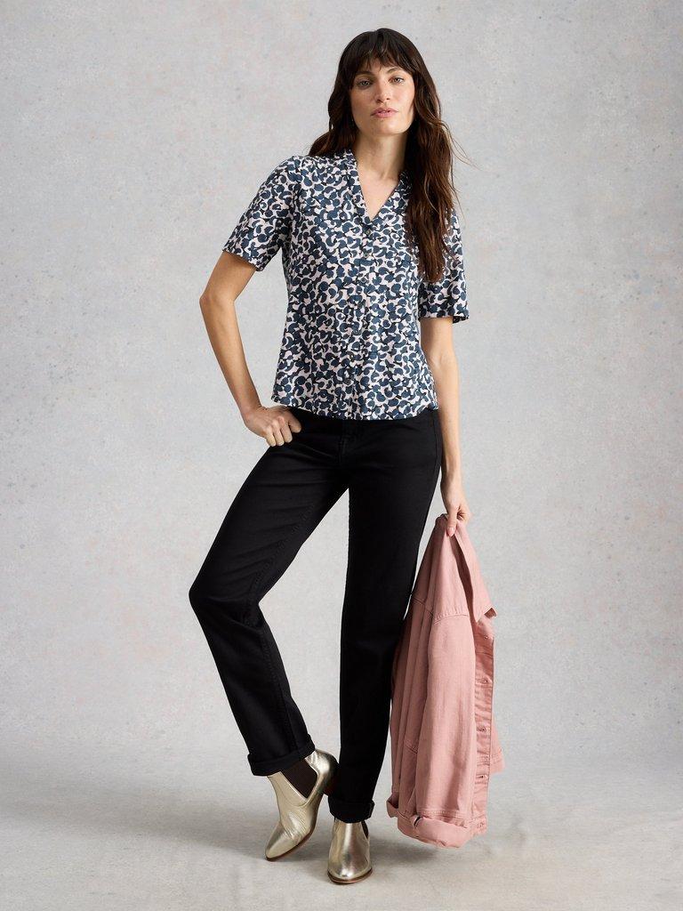 ANNIE JERSEY SHORT SLEEVE COLLARED SHIRT in BLUE PR - MODEL FRONT