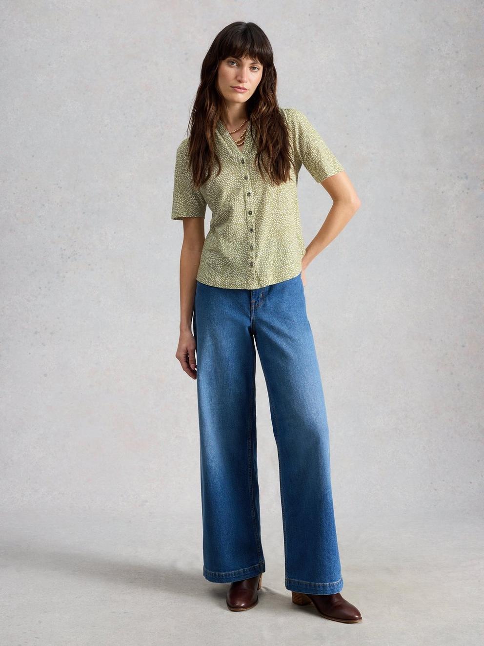 ANNIE JERSEY SHORT SLEEVE COLLARED SHIRT in GREEN MLT - MODEL FRONT