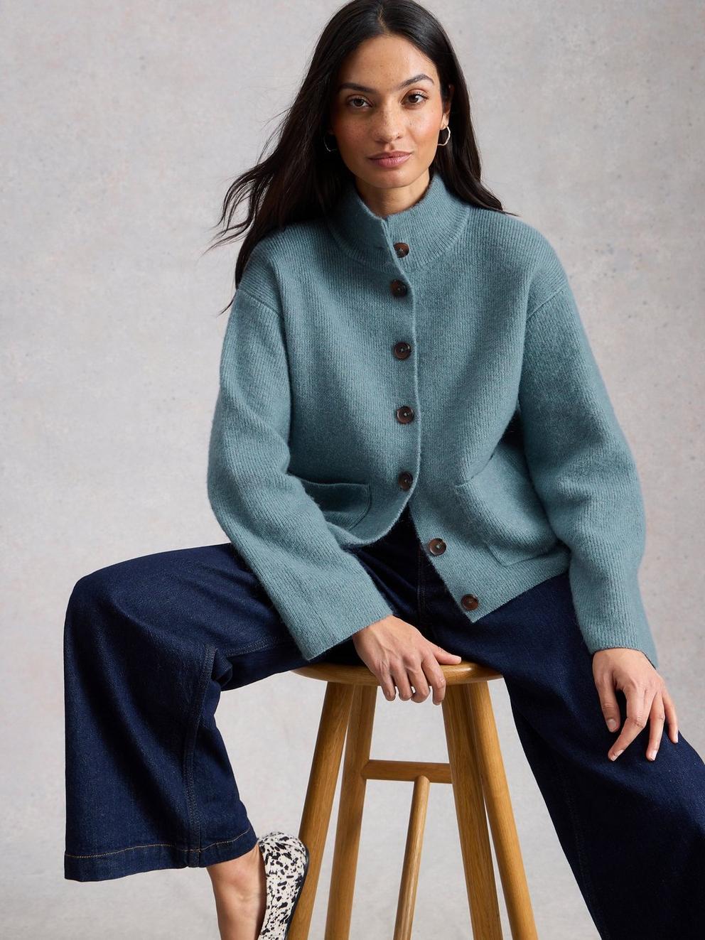 MARGOT BUTTON CARDI in MID BLUE - MODEL DETAIL