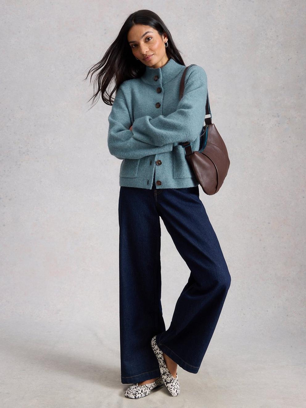 MARGOT BUTTON CARDI in MID BLUE - MODEL FRONT