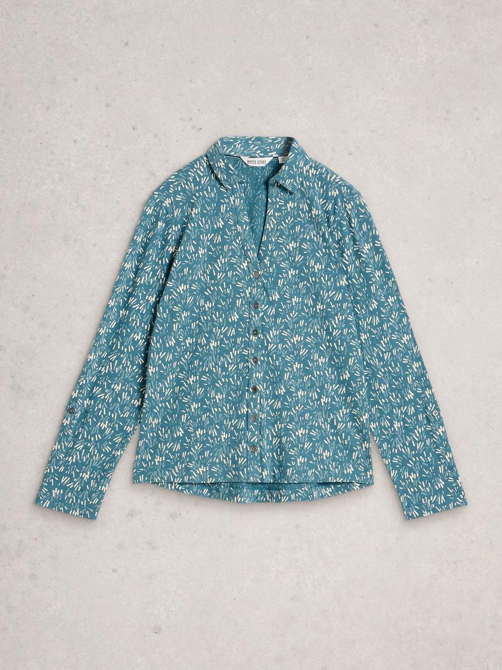 WOMENS ANNIE JERSEY COLLARED SHIRT in TEAL PR - FLAT FRONT