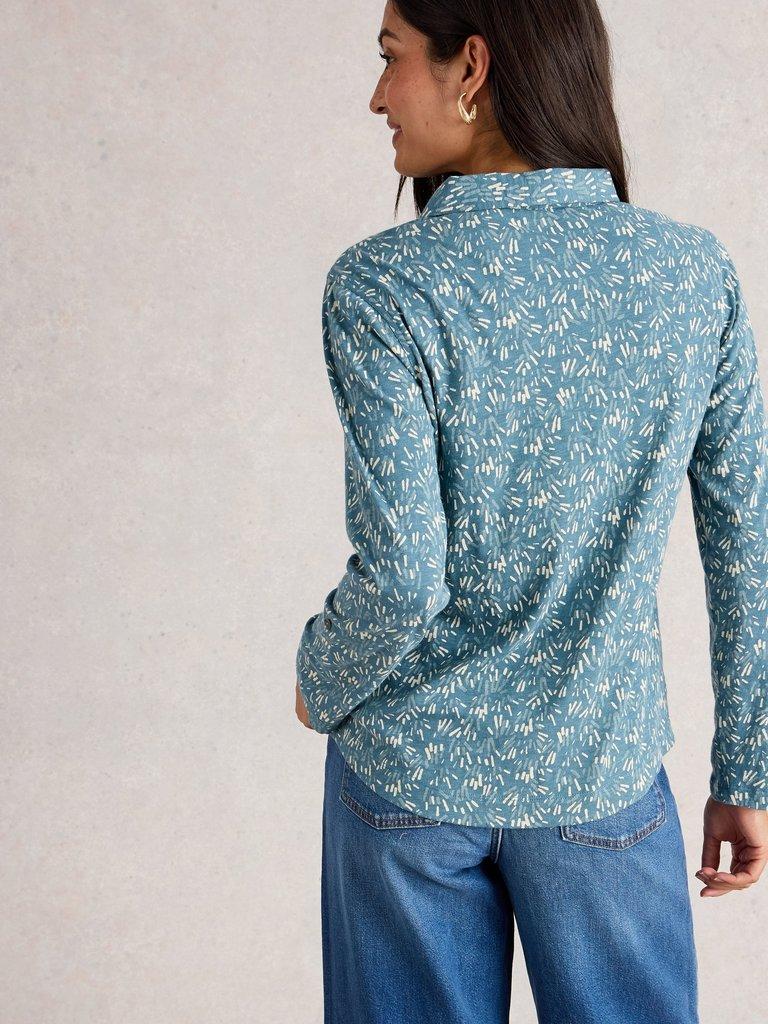 WOMENS ANNIE JERSEY COLLARED SHIRT in TEAL PR - MODEL BACK