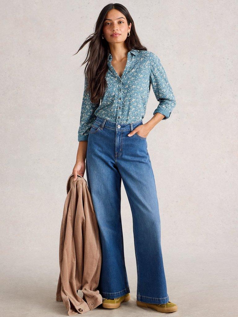 WOMENS ANNIE JERSEY COLLARED SHIRT in TEAL PR - MODEL FRONT