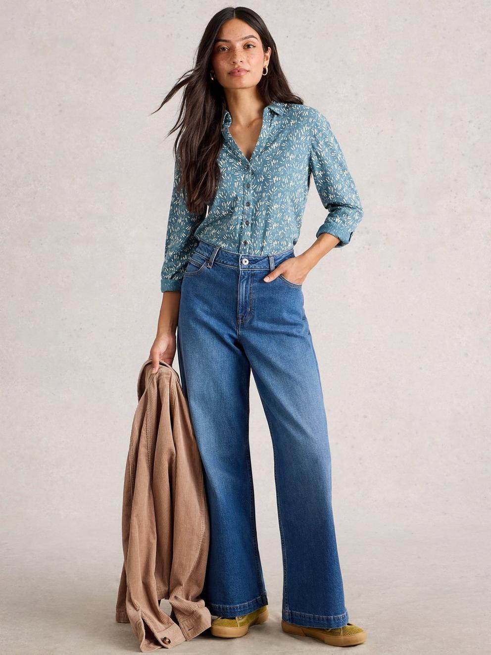 WOMENS ANNIE JERSEY COLLARED SHIRT in TEAL PR - MODEL FRONT