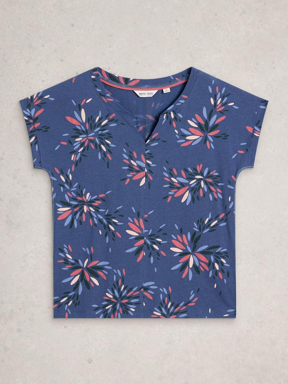 NELLY SHORT SLEEVE NOTCH NECK T-SHIRT in NAVY MULTI - FLAT FRONT