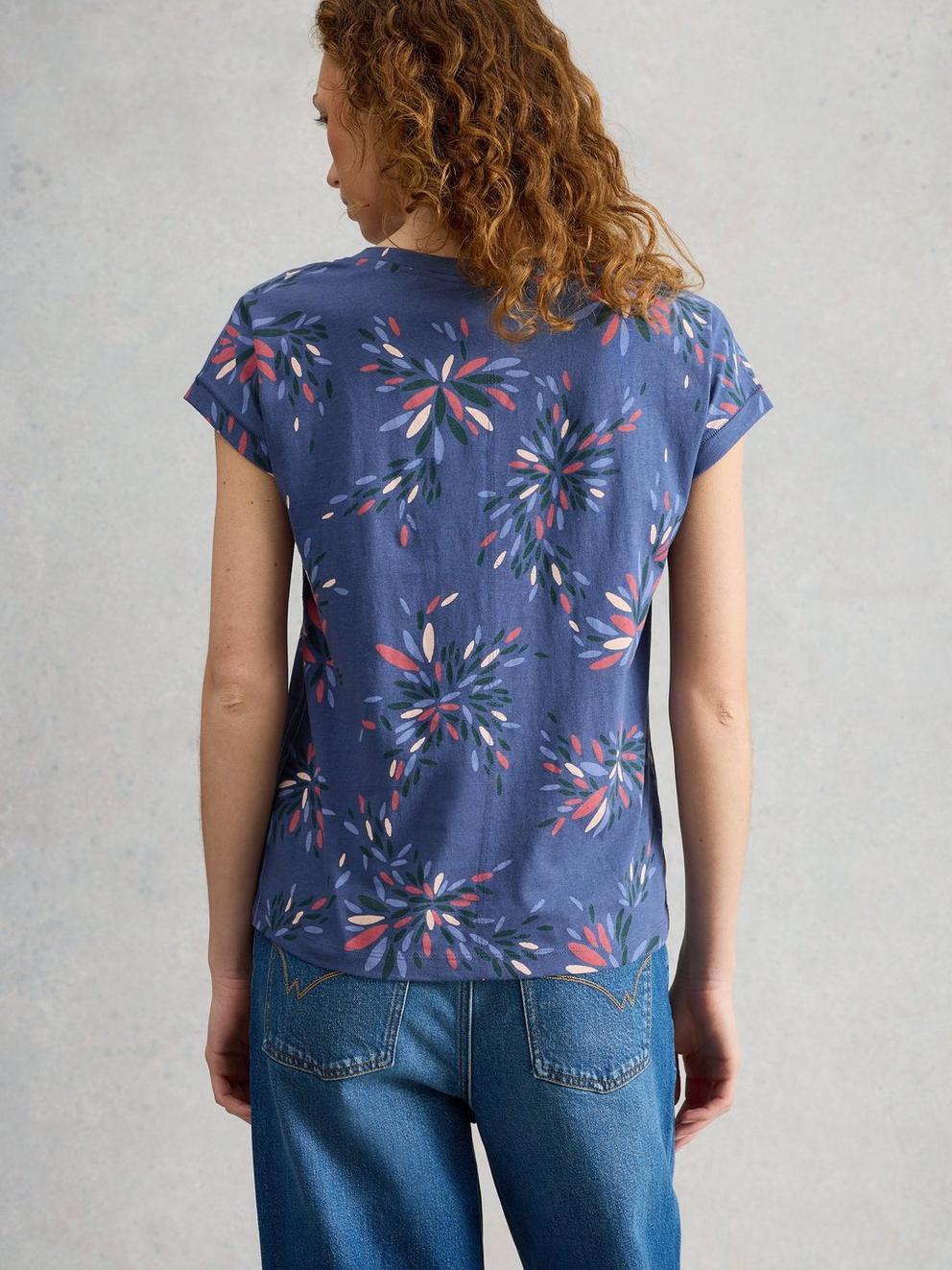 NELLY SHORT SLEEVE NOTCH NECK T-SHIRT in NAVY MULTI - MODEL BACK