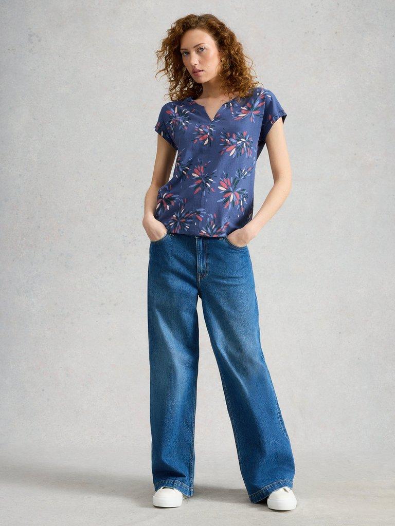 NELLY SHORT SLEEVE NOTCH NECK T-SHIRT in NAVY MULTI - MODEL FRONT