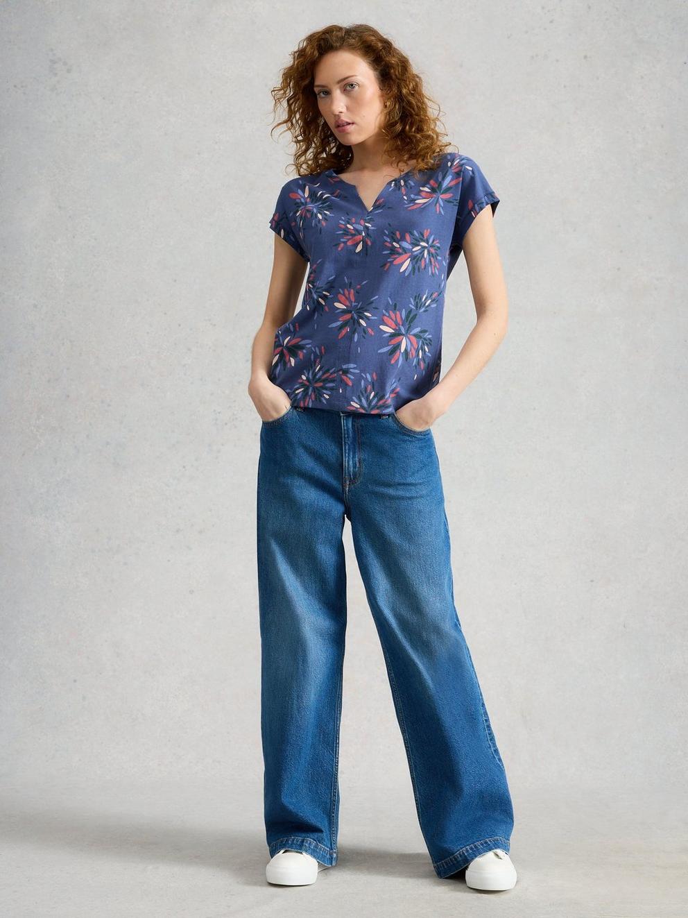 NELLY SHORT SLEEVE NOTCH NECK T-SHIRT in NAVY MULTI - MODEL FRONT