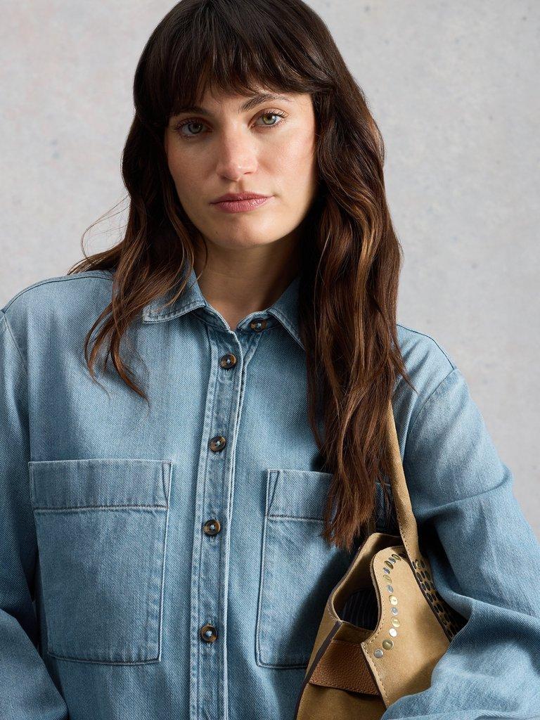 Lydia Denim Shirt in MID DENIM - MODEL DETAIL