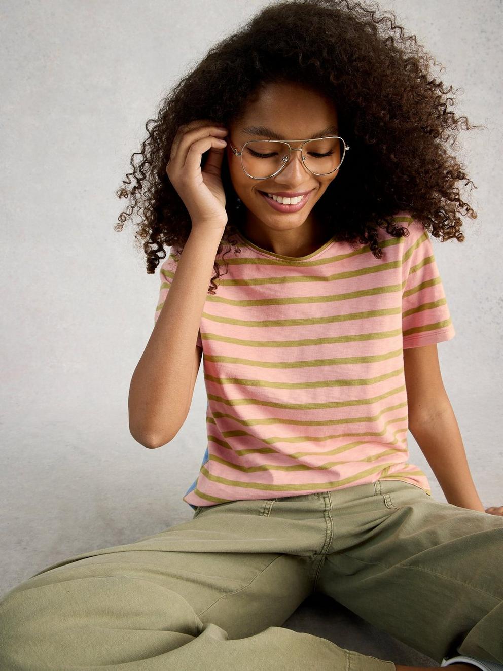 ABBIE STRIPED SHORT SLEEVE TEE in PINK MLT - LIFESTYLE