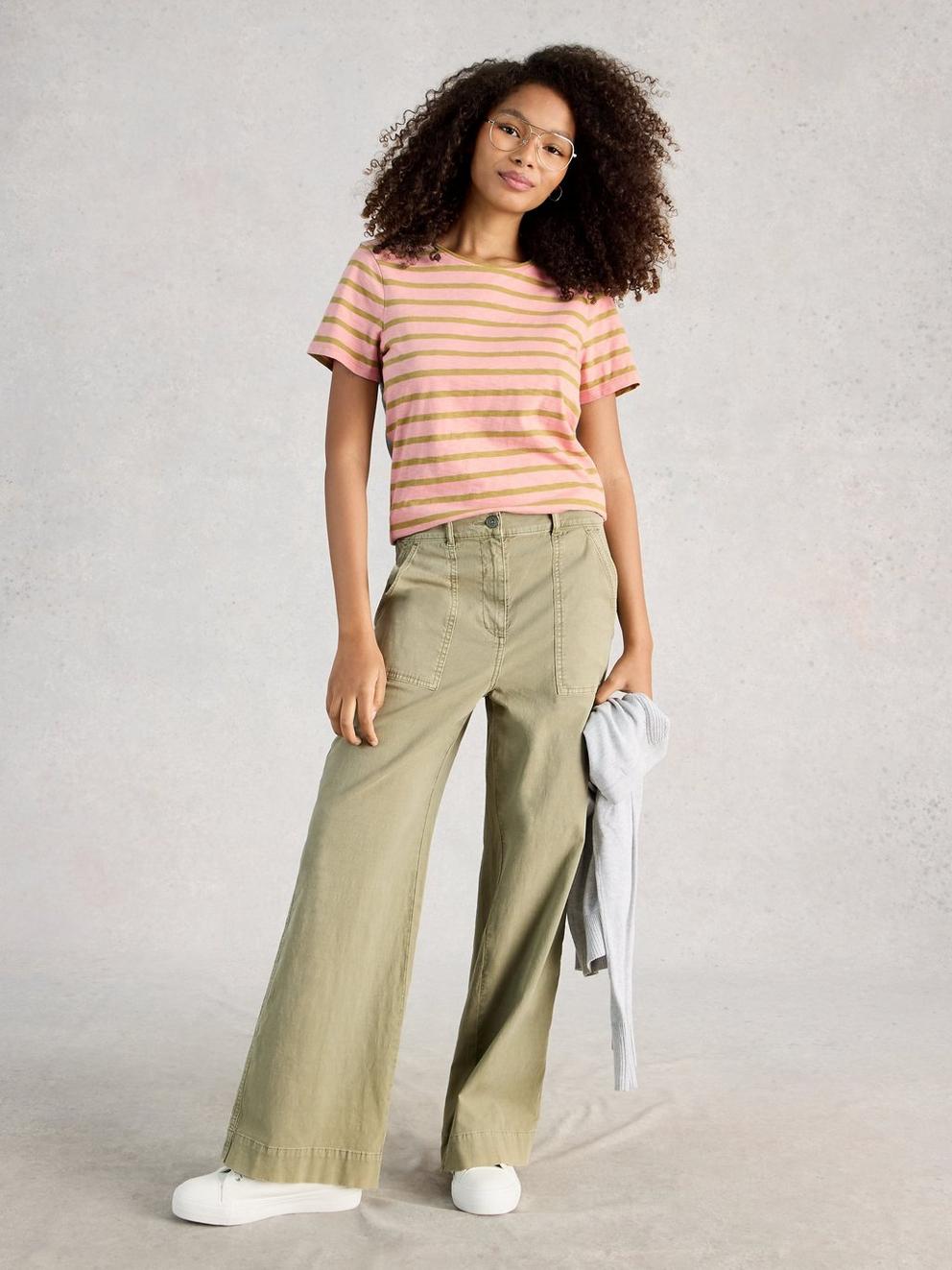 ABBIE STRIPED SHORT SLEEVE TEE in PINK MLT - MODEL FRONT