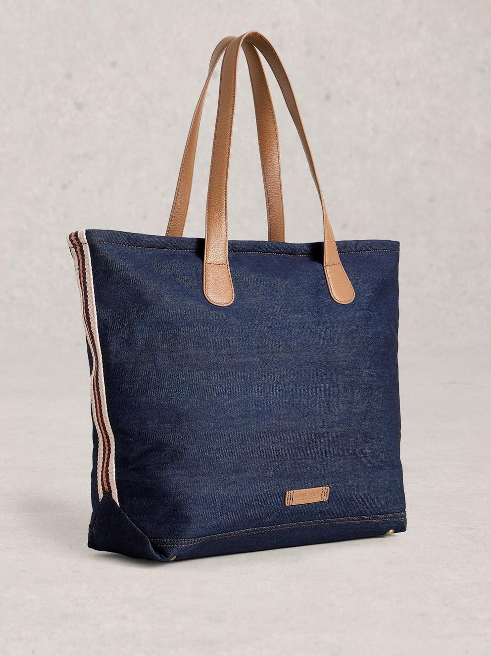 Natalie Denim Tote Bag in MID BLUE - FLAT BACK