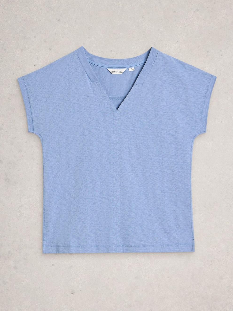 NEVE V NECK TEE in MID BLUE - FLAT FRONT