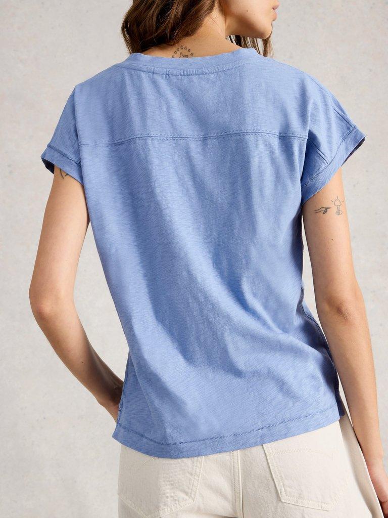 NEVE V NECK TEE in MID BLUE - MODEL BACK