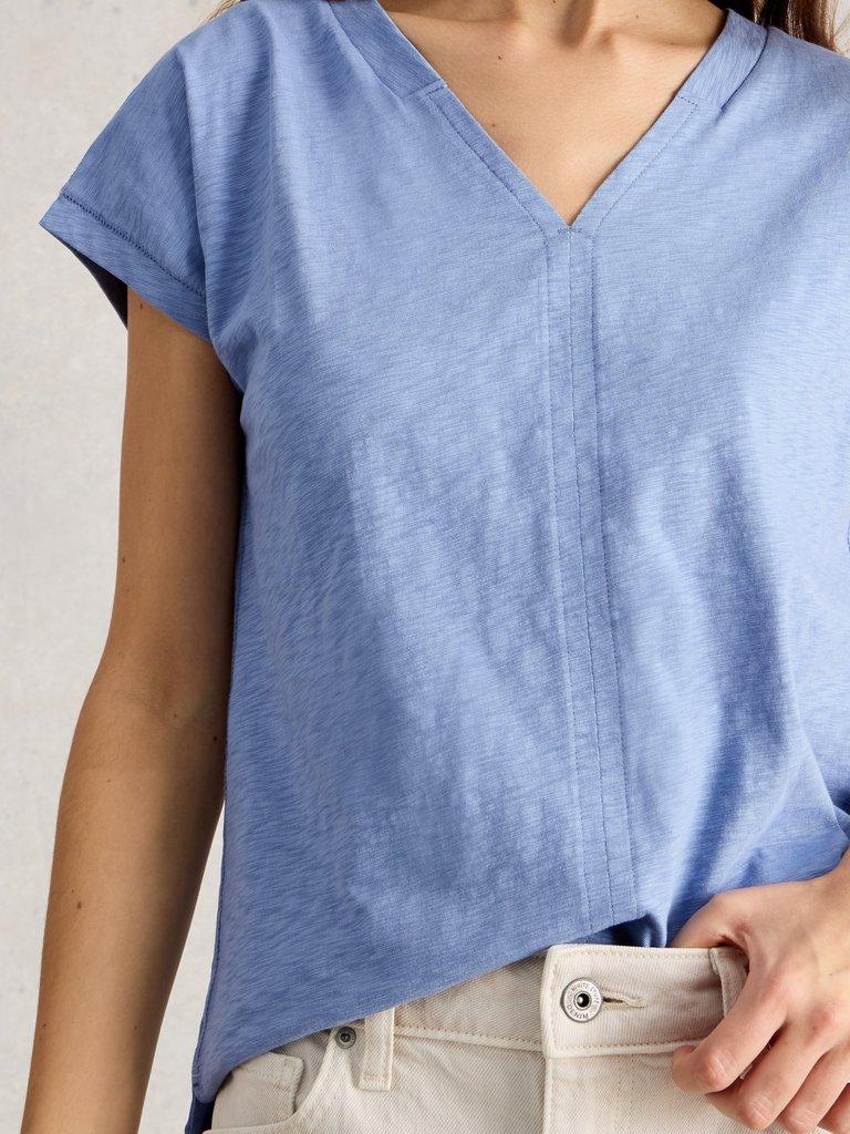 NEVE V NECK TEE in MID BLUE - MODEL DETAIL