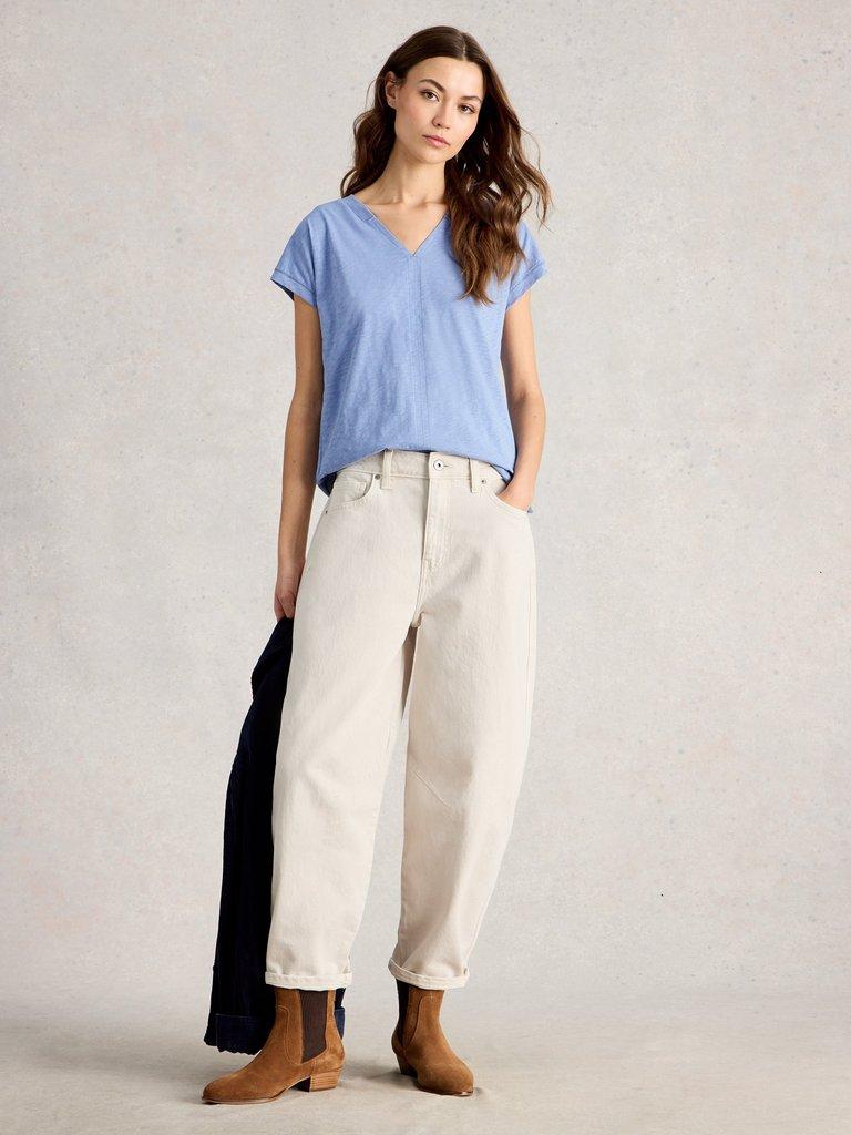 NEVE V NECK TEE in MID BLUE - MODEL FRONT