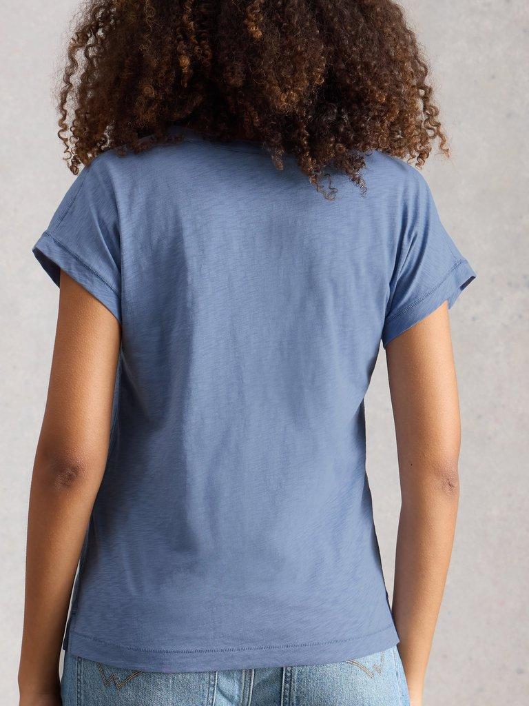 NINA NOTCH NECK TEE in MID BLUE - MODEL BACK