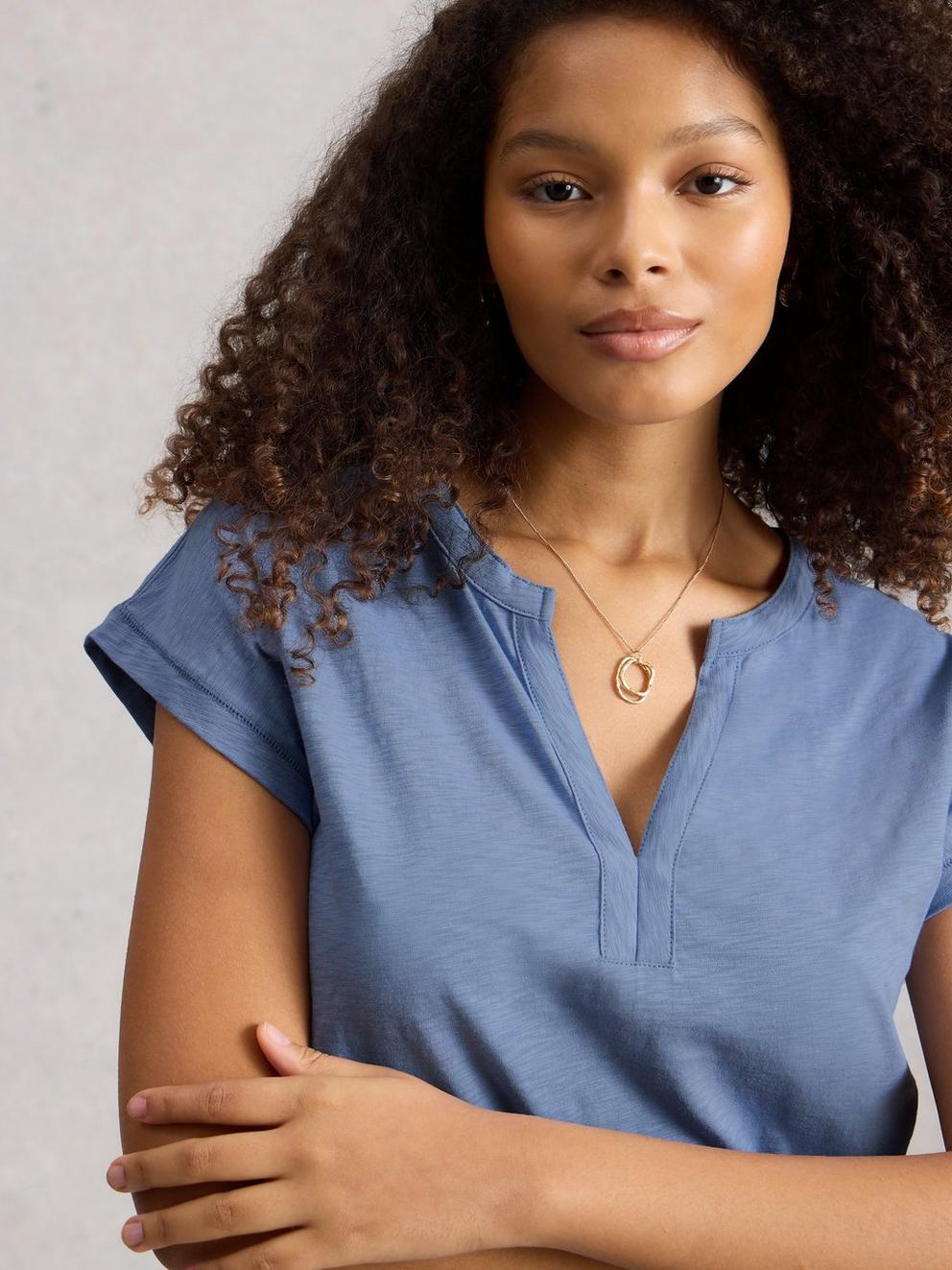 NINA NOTCH NECK TEE in MID BLUE - MODEL DETAIL