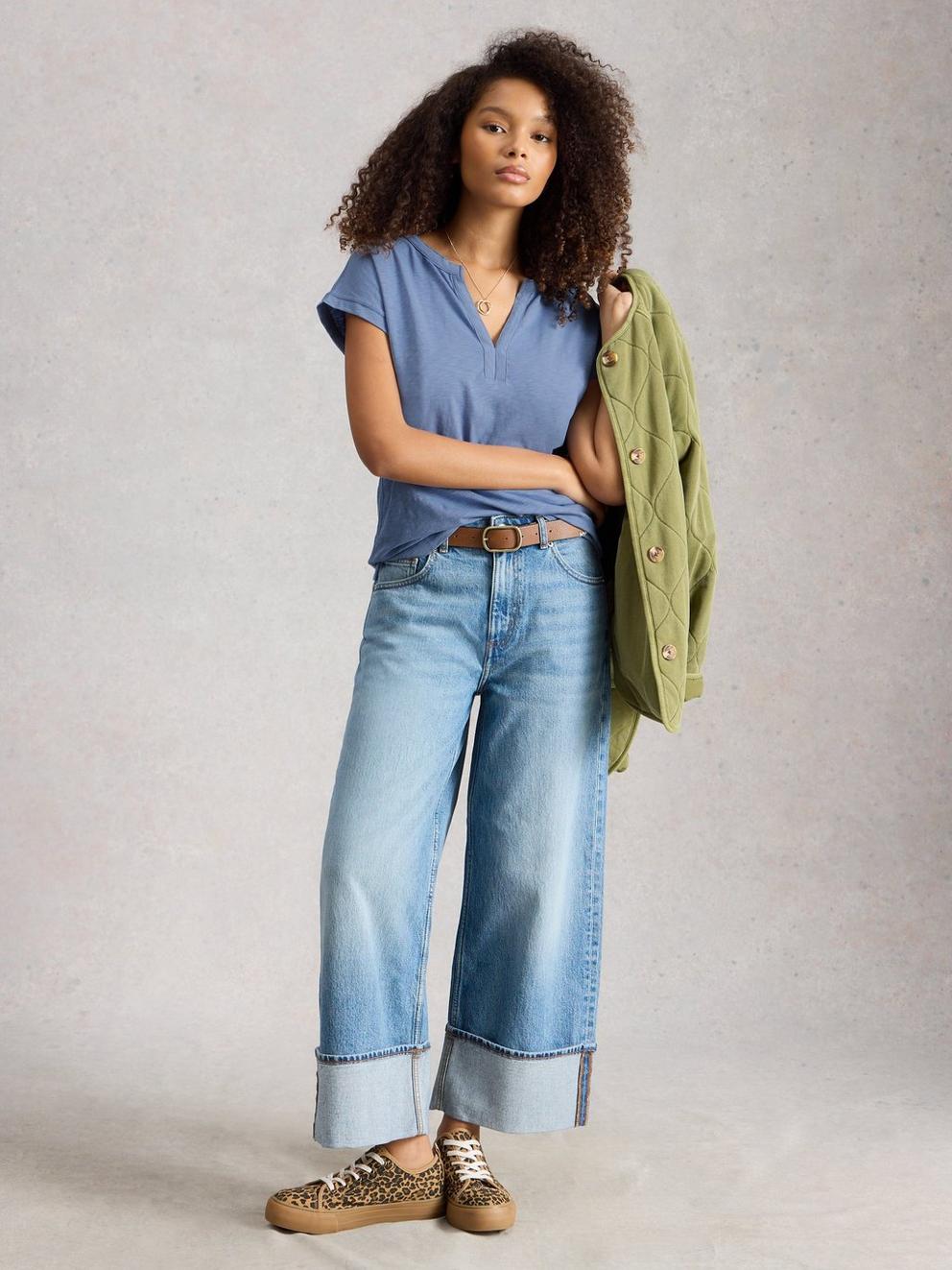 NINA NOTCH NECK TEE in MID BLUE - MODEL FRONT