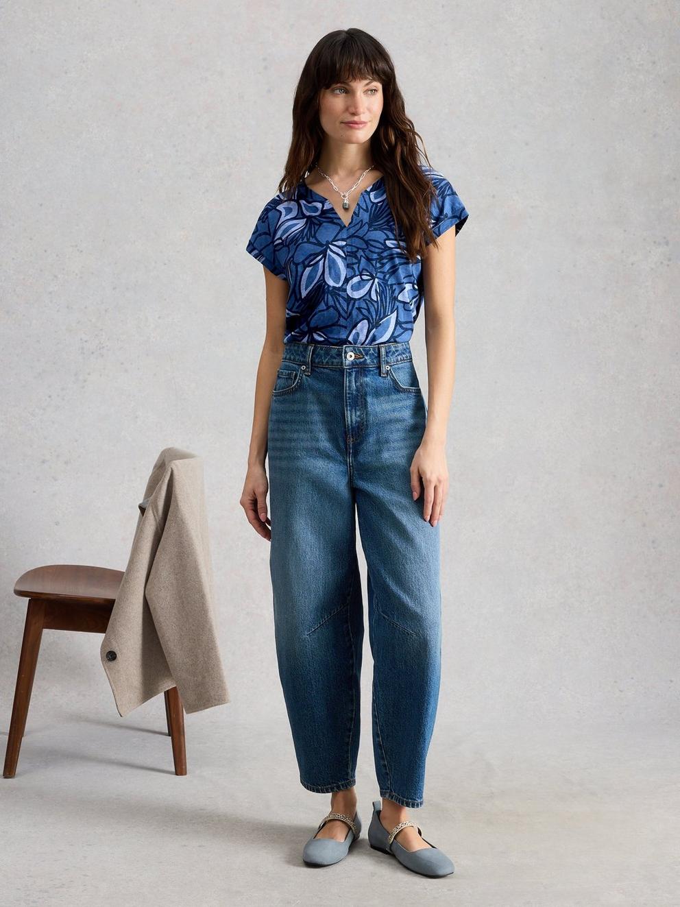 NELLY NOTCH NECK PRINTED TEE in BLUE PR - MODEL FRONT