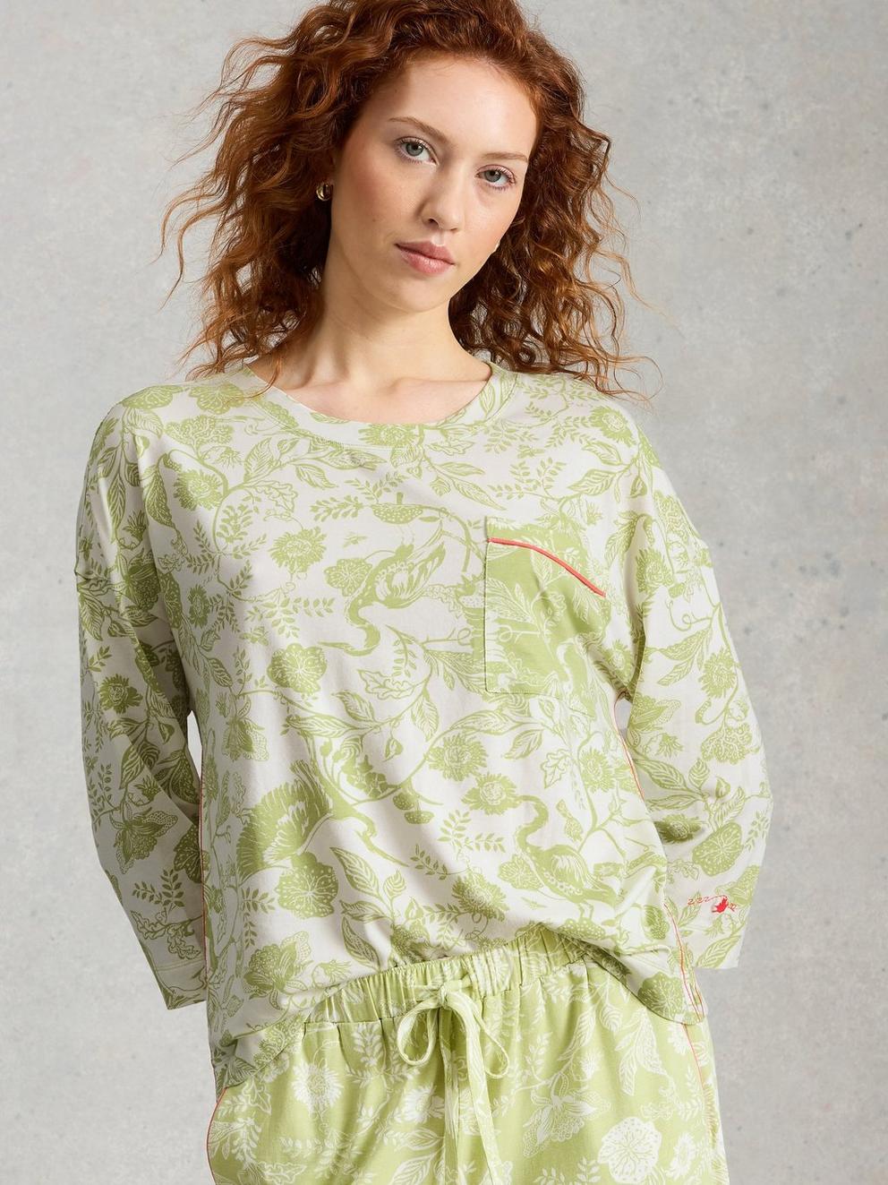 Maya Boxy Printed PJ Tee in GREEN PR - MODEL DETAIL