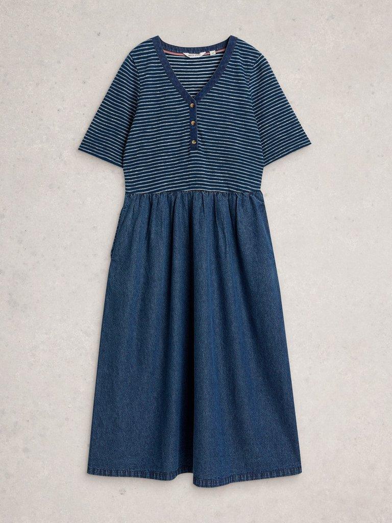 Shay Jersey Mix Midi Dress in MID DENIM - FLAT FRONT