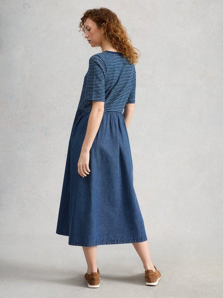 Shay Jersey Mix Midi Dress in MID DENIM - MODEL BACK