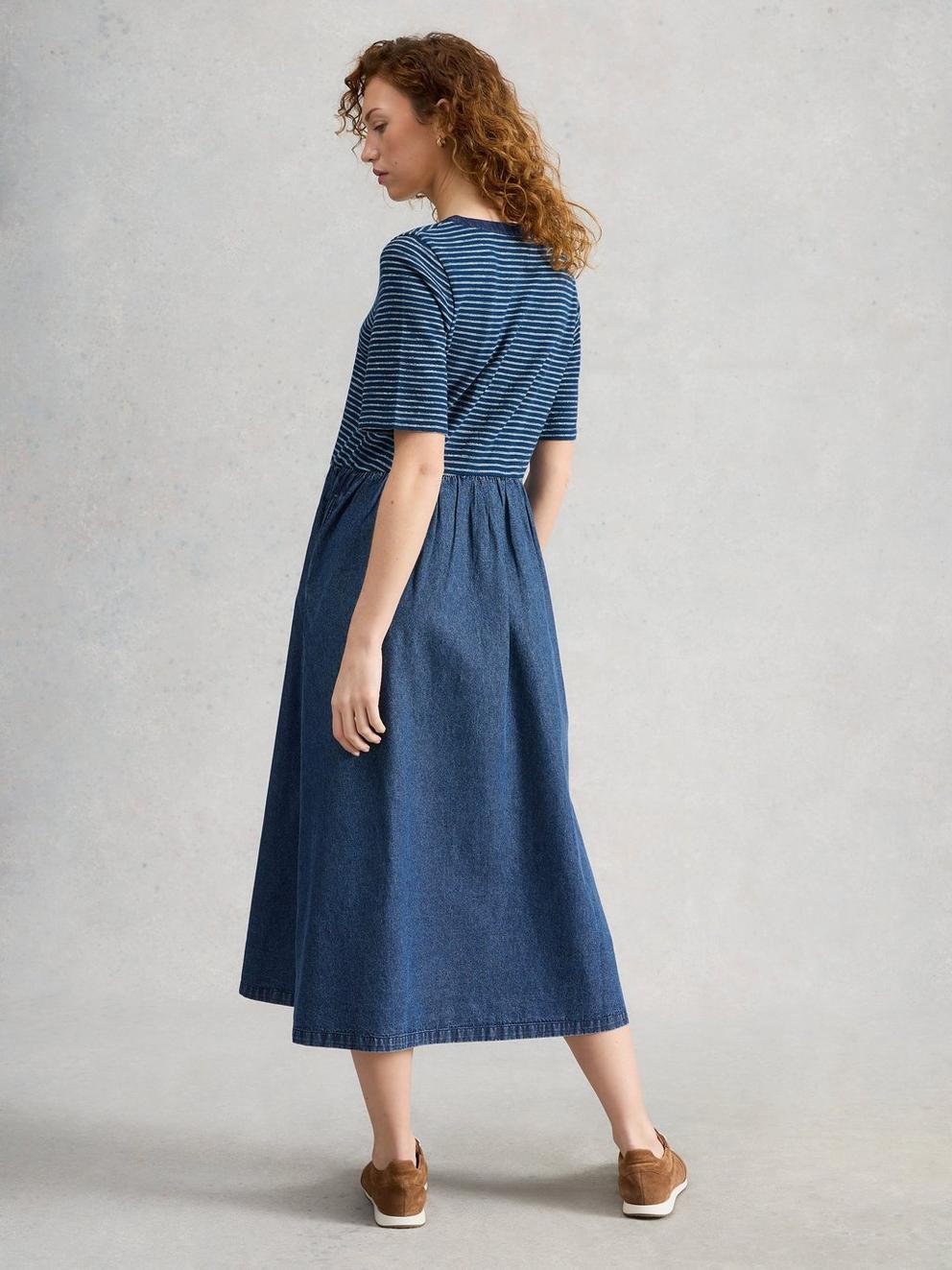 Shay Jersey Mix Midi Dress in MID DENIM - MODEL BACK