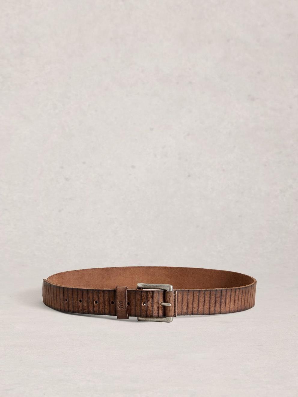 Stripe Leather Belt in DK BROWN - FLAT BACK