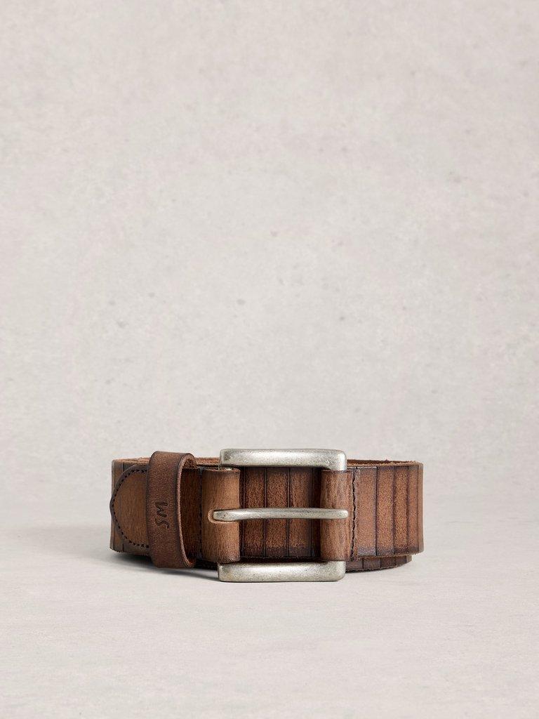 Stripe Leather Belt in DK BROWN - FLAT FRONT