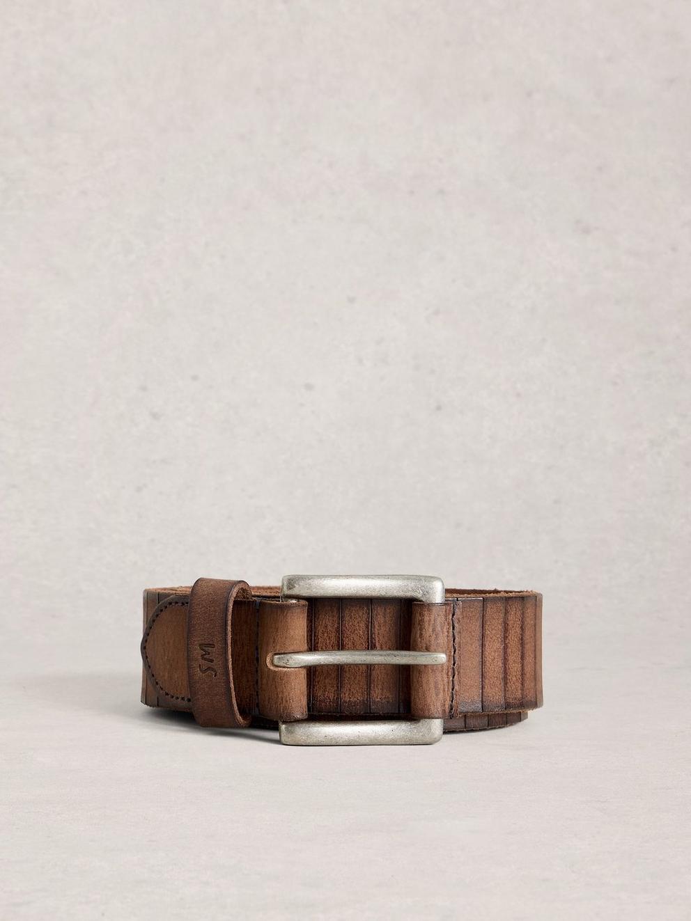 Stripe Leather Belt in DK BROWN - FLAT FRONT