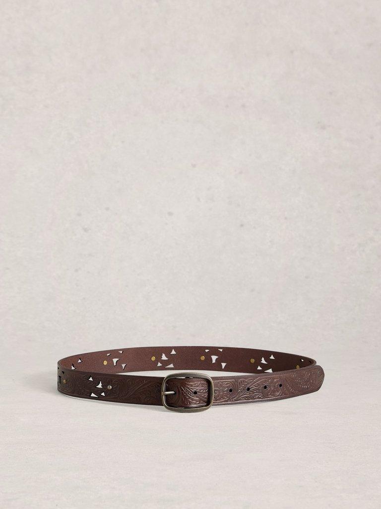 Punch Out Floral Buckle Belt in MID BROWN - FLAT BACK
