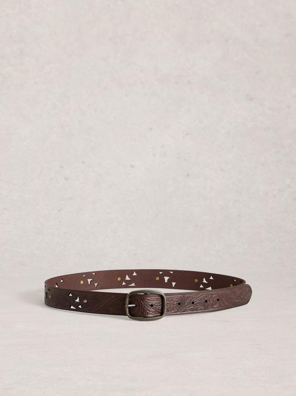 Punch Out Floral Buckle Belt in MID BROWN - FLAT BACK