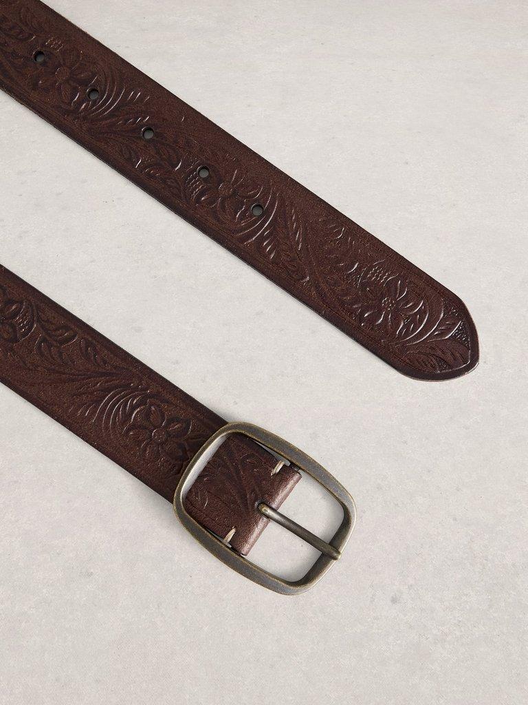 Punch Out Floral Buckle Belt in MID BROWN - FLAT DETAIL