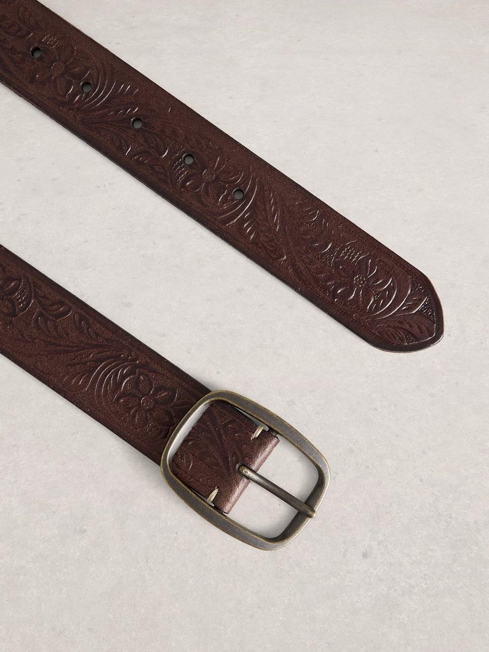 Punch Out Floral Buckle Belt in MID BROWN - FLAT DETAIL