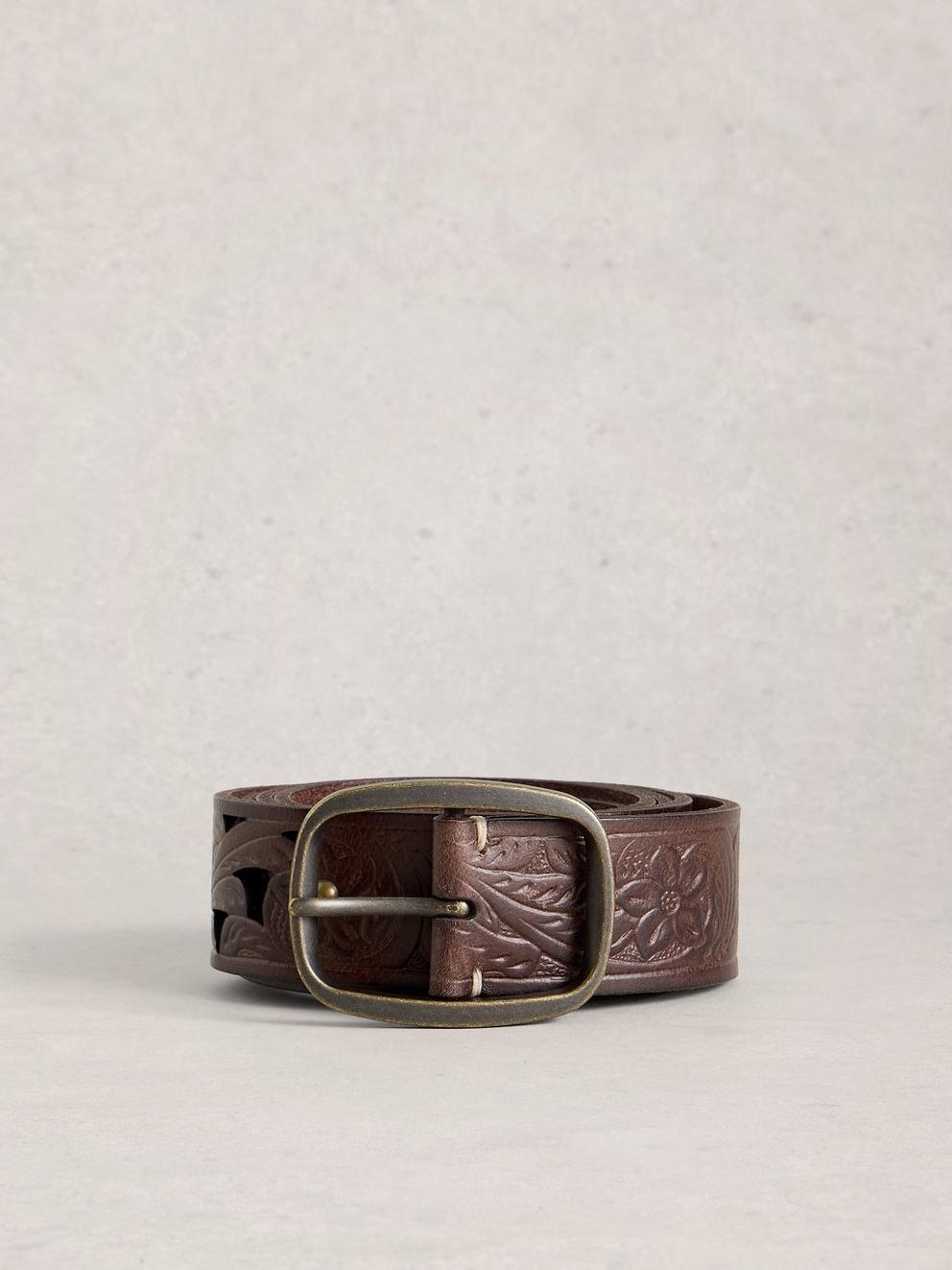 Punch Out Floral Buckle Belt in MID BROWN - FLAT FRONT