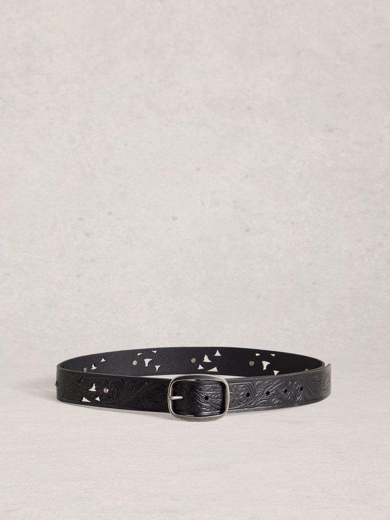 Punch Out Floral Buckle Belt in PURE BLK - FLAT BACK