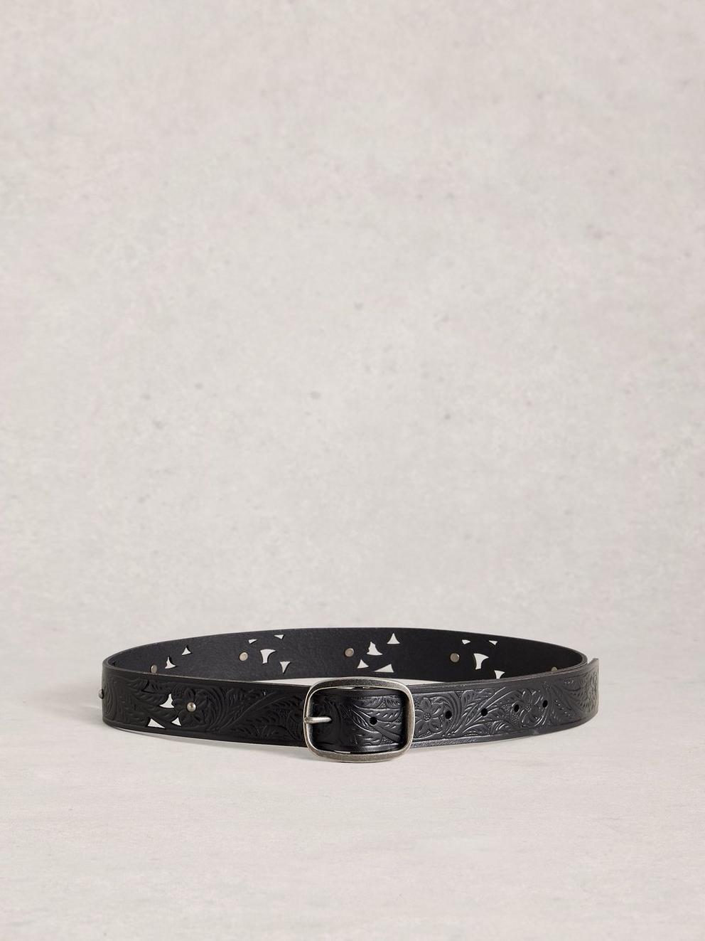 Punch Out Floral Buckle Belt in PURE BLK - FLAT BACK