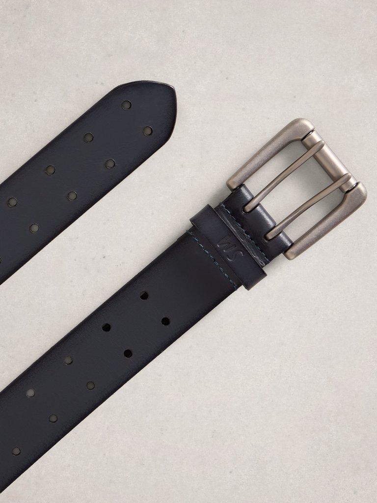 Double Prong Leather Belt in DARK NAVY - FLAT DETAIL