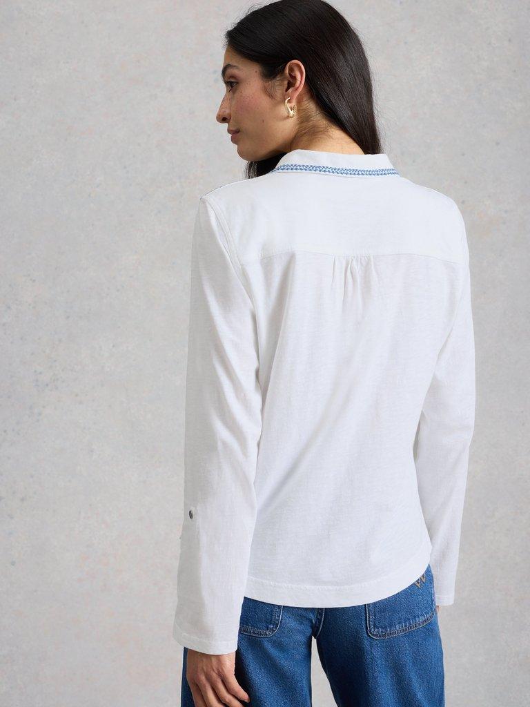 ALLIE JERSEY EMBROIDERED SHIRT in WHITE MLT - MODEL BACK