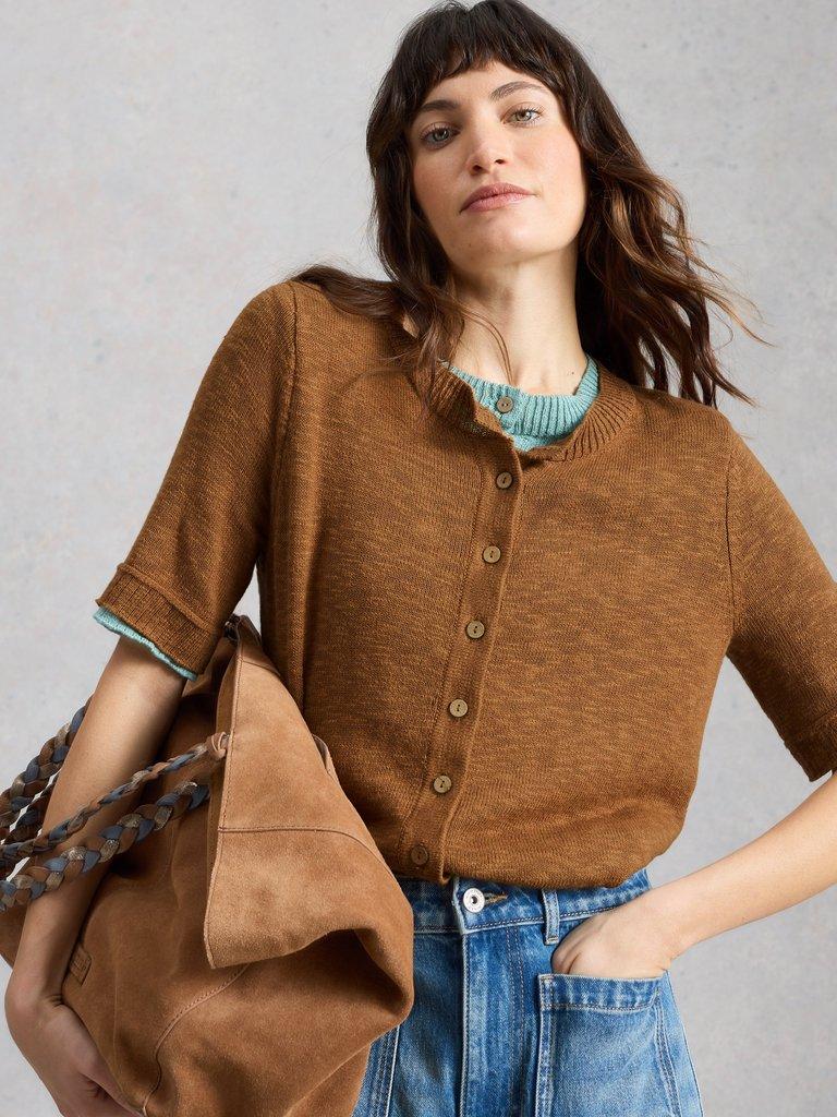 BETSY CREW NECK CARDI in LGT BROWN - LIFESTYLE